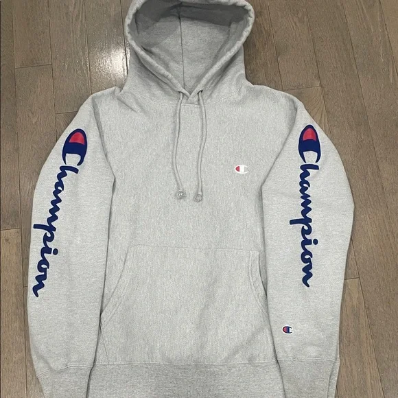 Champion Light Gray Hoodie 😍 Reverse Weave Flock Arm Script  Sweatshirt • Large - Picture 9 of 15